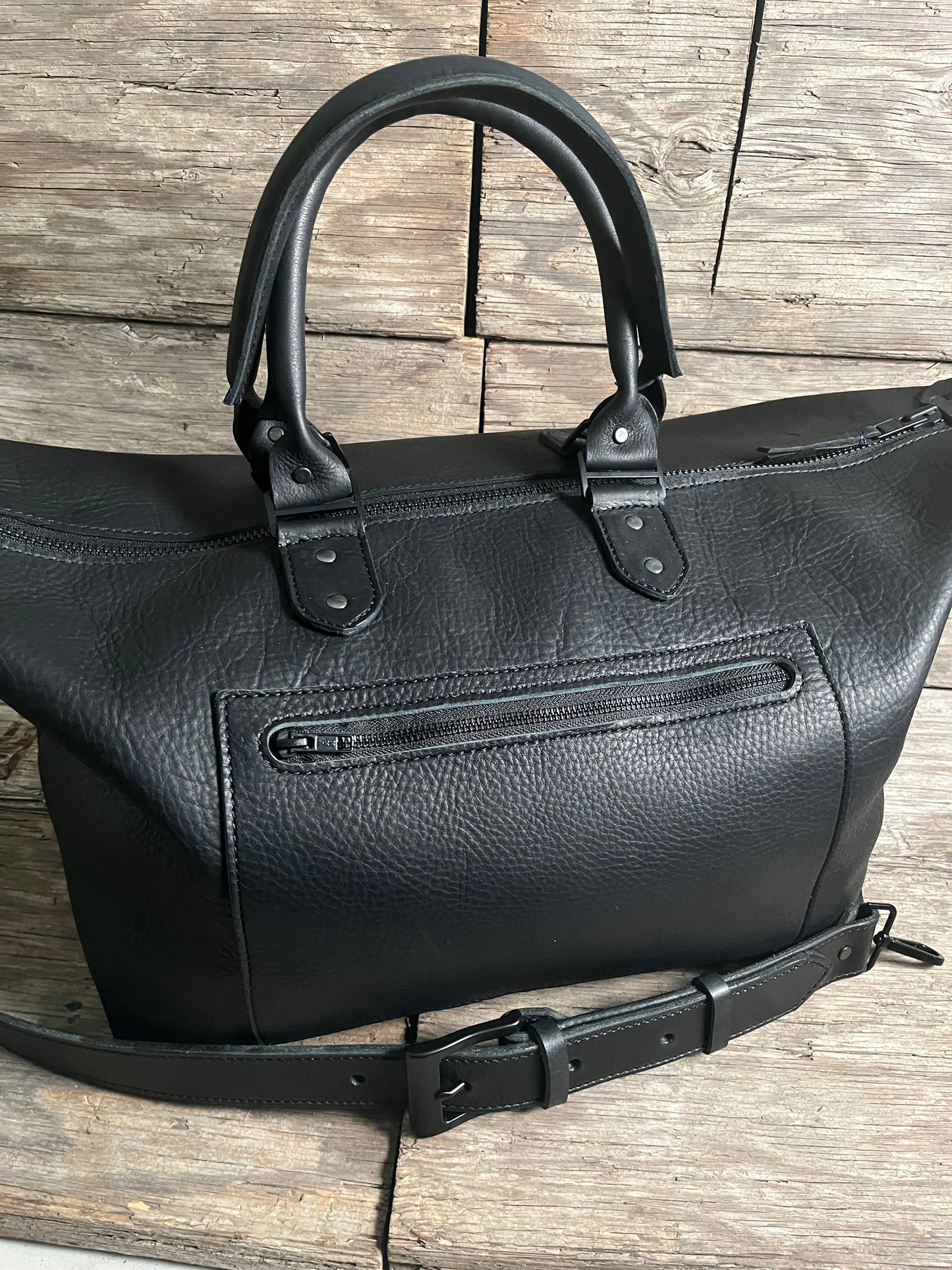 Handmade Leather Bags, Mid Sized Weekender- All Black Pebble Gain