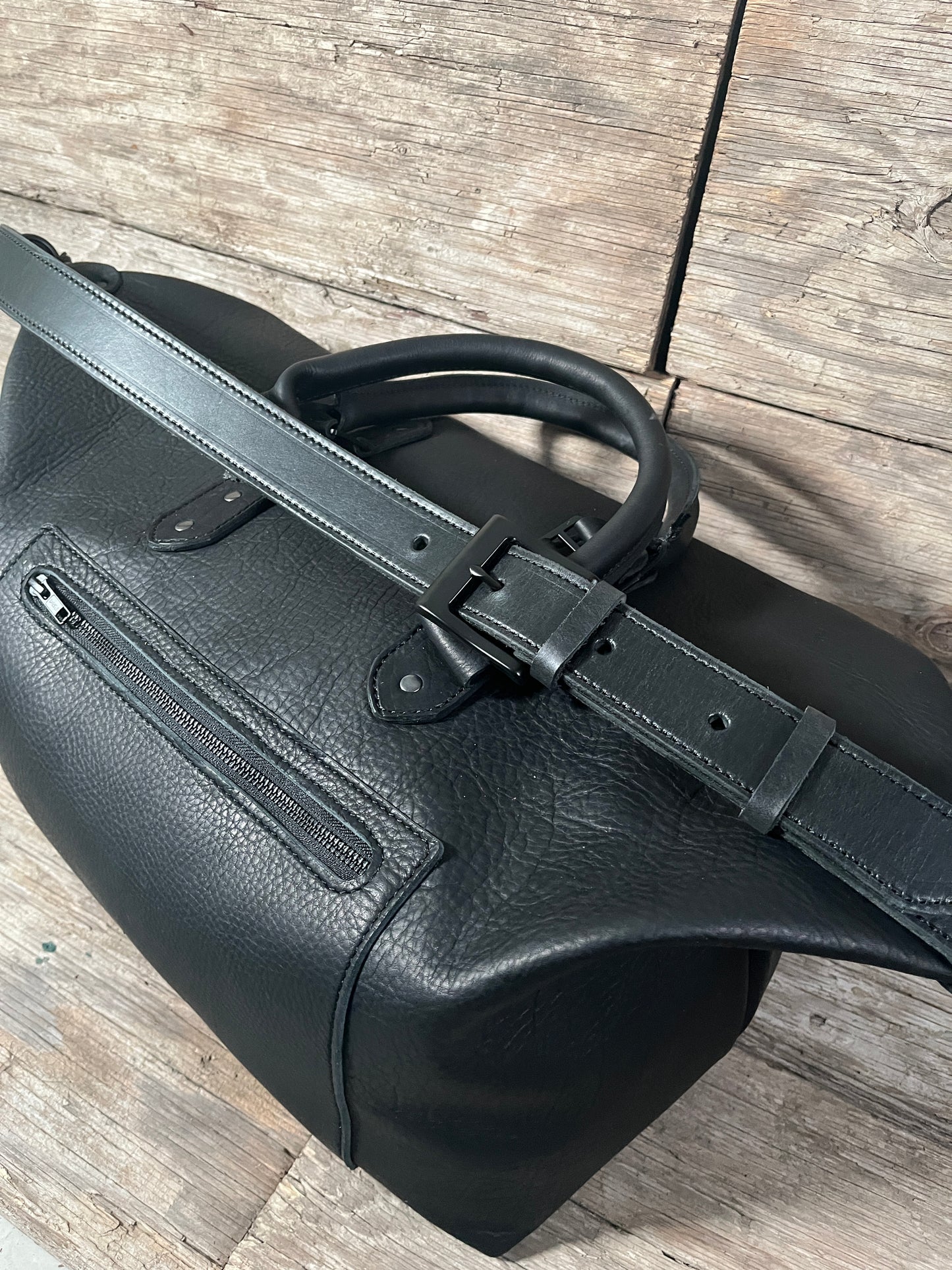 Handmade Leather Bags, Mid Sized Weekender- All Black Pebble Gain