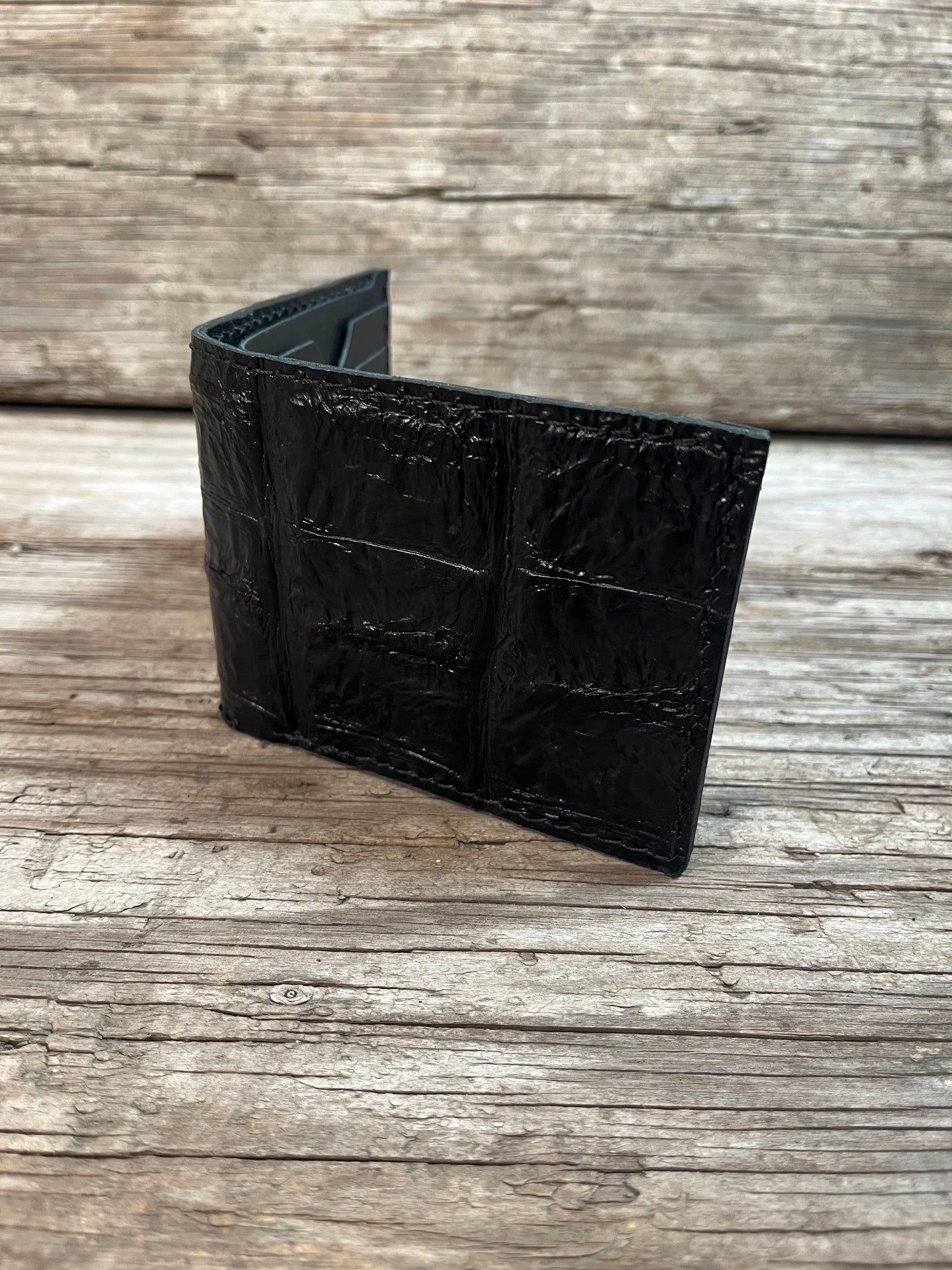 Handmade Leather Bifold Wallet-Black Crocodile