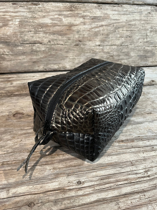 Hand Made Leather Dopp Kit/Toiletry Bag-Black and Bronze Croc