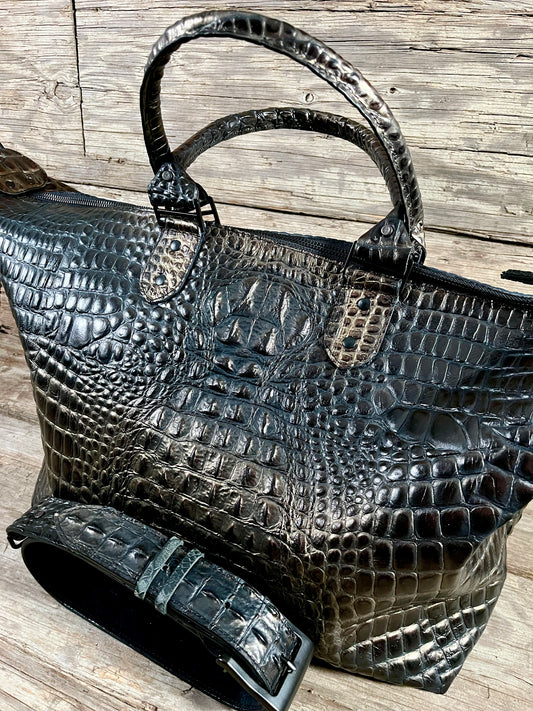 Carry on Luggage - Handmade Leather Bags, Mid Sized Weekender- Black/Bronze Crocodile