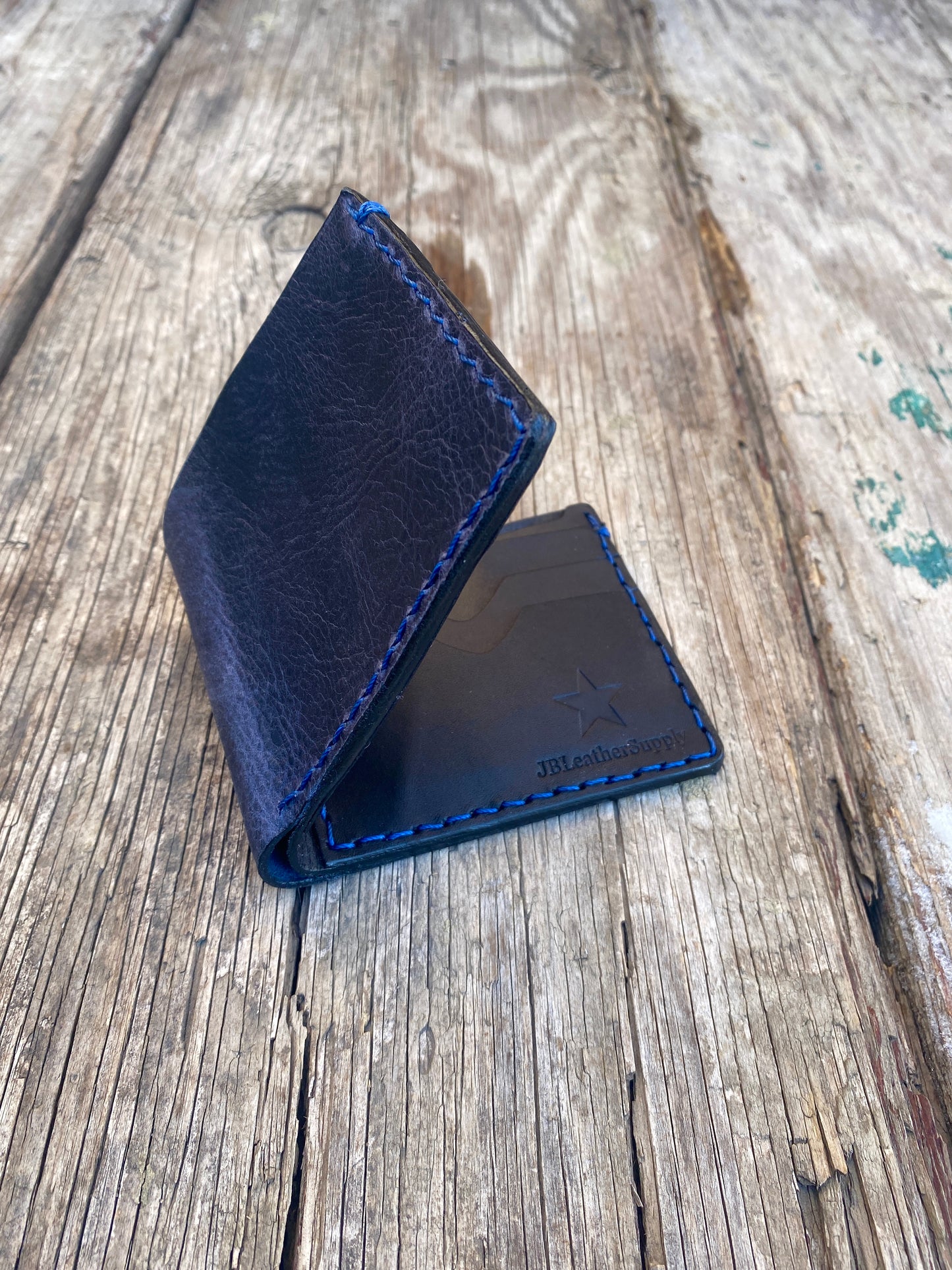 Handmade Leather Bifold Wallet-Denim Blue/Black Bridle