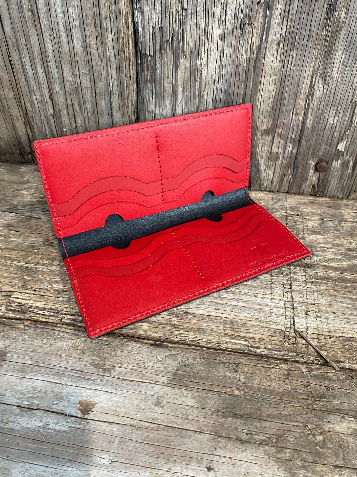 Handmade Leather Wallets, Long Wallet-Black Bridle/Red