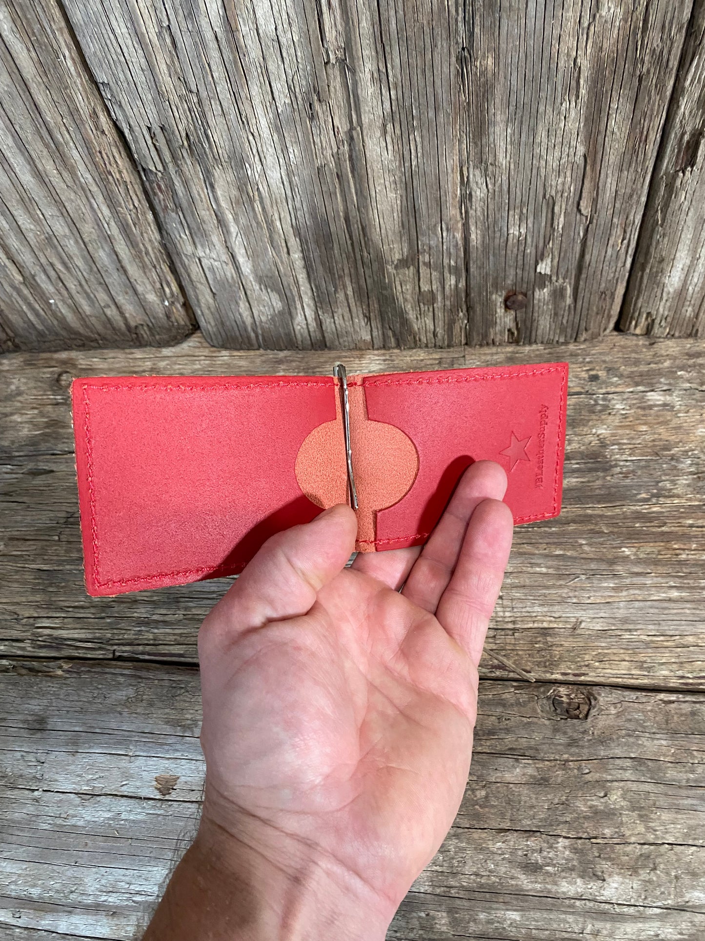 Handmade Leather Wallets, Money Clip Wallet-Red